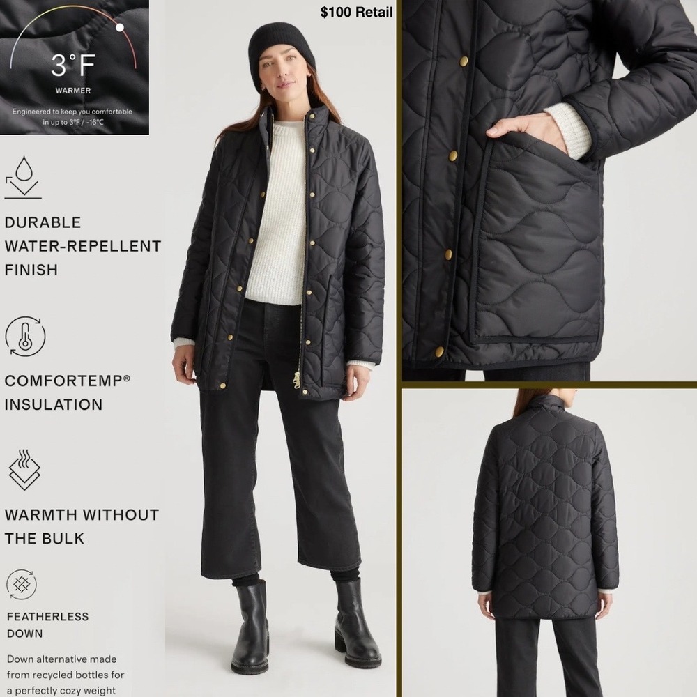 QUINCE Featherless Quilted Long Puffer Jacket XL Black Down Alternative Travel